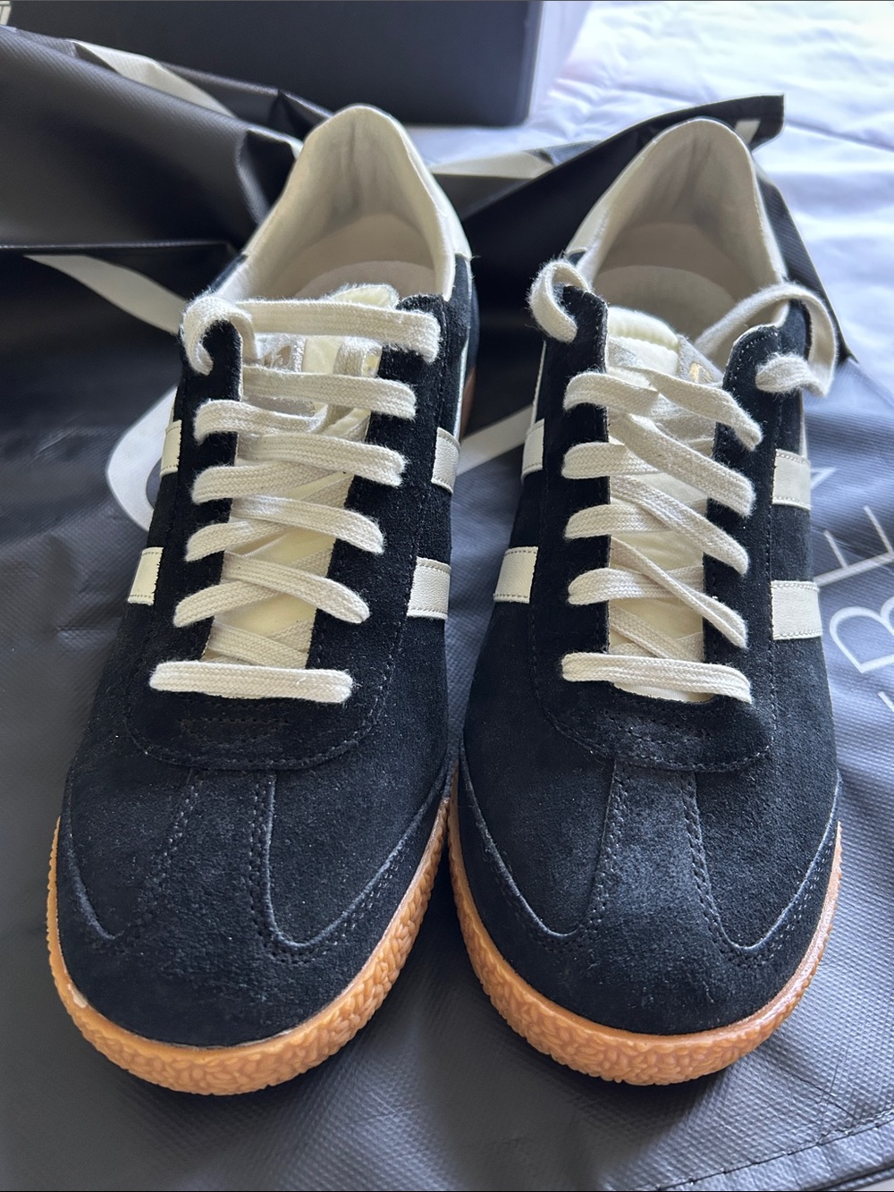 Gola Women's Black Suede Sneakers with Cream Stripes